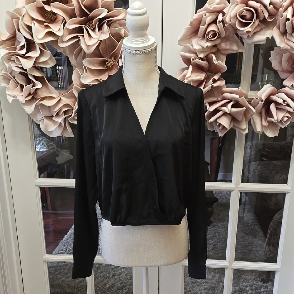 Rachel Zoe Elegant Black Criss Cross Long Sleeve Vneck Top Stretch Hem Large NEW